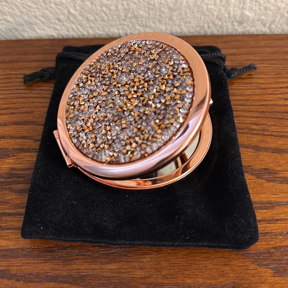 Rose Gold Compact Mirror or blue Gold mirror with Crystals with pouch